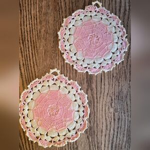 Vintage Handmade Pink and Cream Crochet Doilies - Set of 2